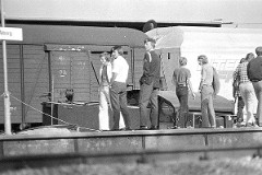 DSB, Ålborg, 11. July 1973.  Of reasons unknown to us, DSB Køf 287 had run away and came guideless at a rather nice speed running from north in at Årborg railwaystation. Here it was led into a blind track, running through the stop barrier, ending into a heap of sand as can be seen from the picture.